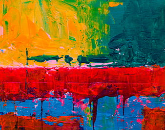 Abstract Acrylic Painting with Vibrant Red, Yellow, and Blue Textures