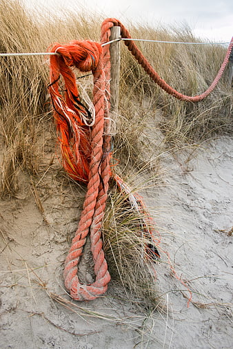 Worn Orange Rope on Wooden Post in Sandy Dunes