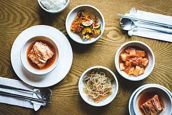 Top View of Traditional Korean Side Dishes on Wooden Table