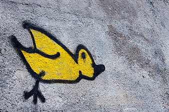 Yellow bird graffiti art on textured concrete wall