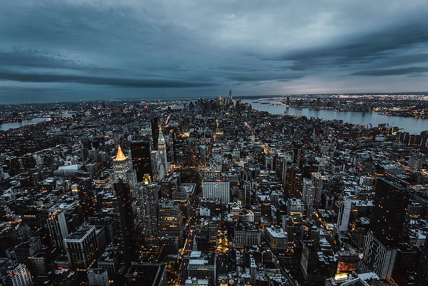 Aerial View of New York City Skyline at Dusk with Snow