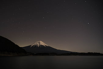 Mount Fuji Night View With Starry Sky Over Lake Tanuki