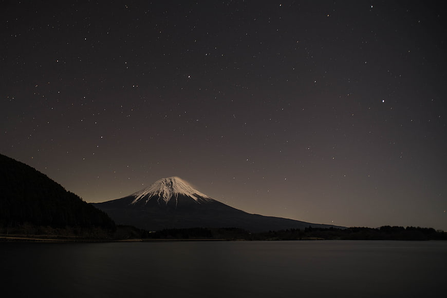 Mount Fuji Night View With Starry Sky Over Lake Tanuki