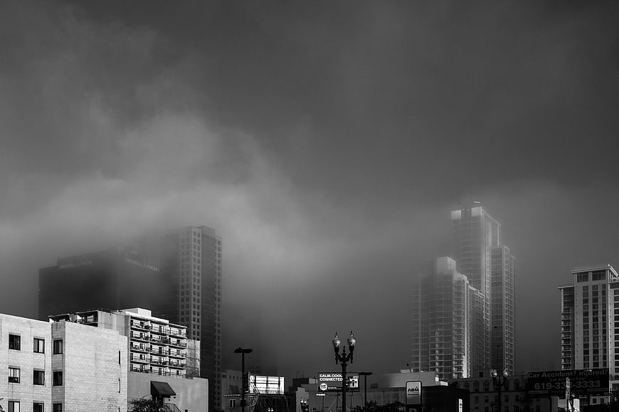 Foggy Black and White City Skyline with Skyscrapers