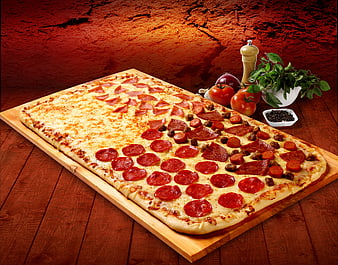 Rectangular Four Seasons Pizza on Wooden Board with Fresh Ingredients