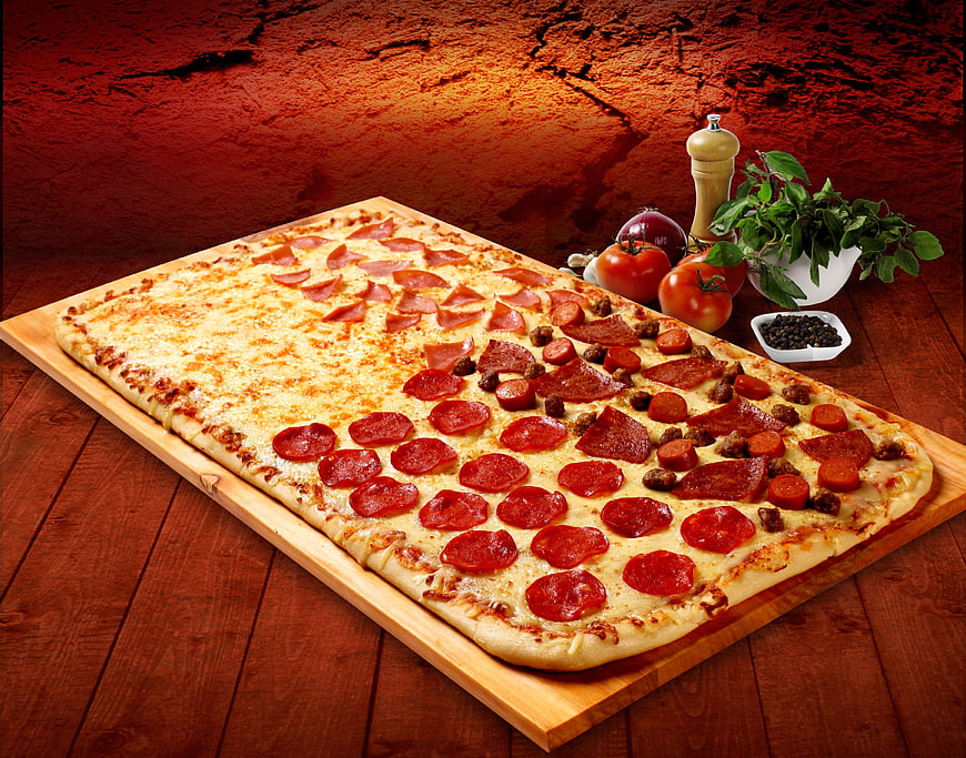 Rectangular Four Seasons Pizza on Wooden Board with Fresh Ingredients