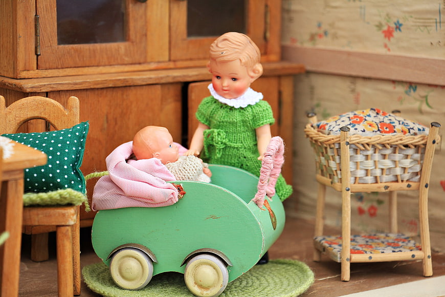 Vintage Dolls House Scene With Antique Toys And Furniture