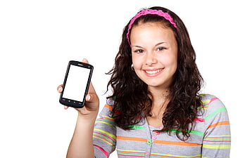 Happy Teenage Girl Holding Smartphone with Blank Screen