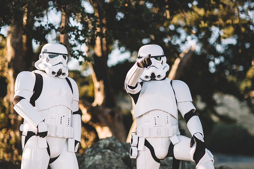 Two Stormtroopers in White Armor Pointing in Forest