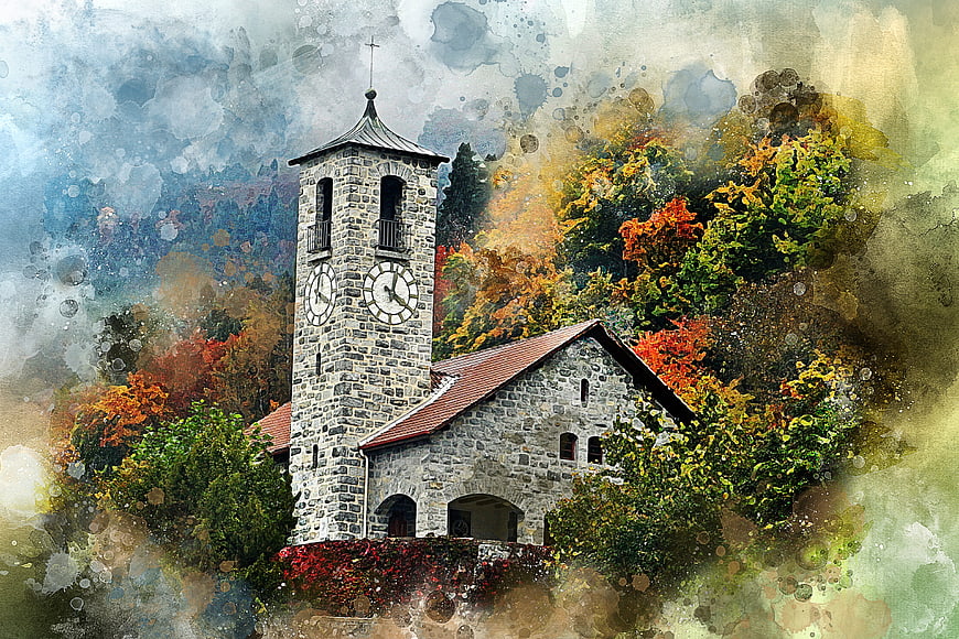 Artistic watercolor style stone church in autumn forest