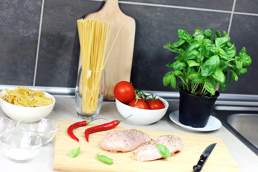 Fresh Italian Pasta Ingredients with Chicken and Basil