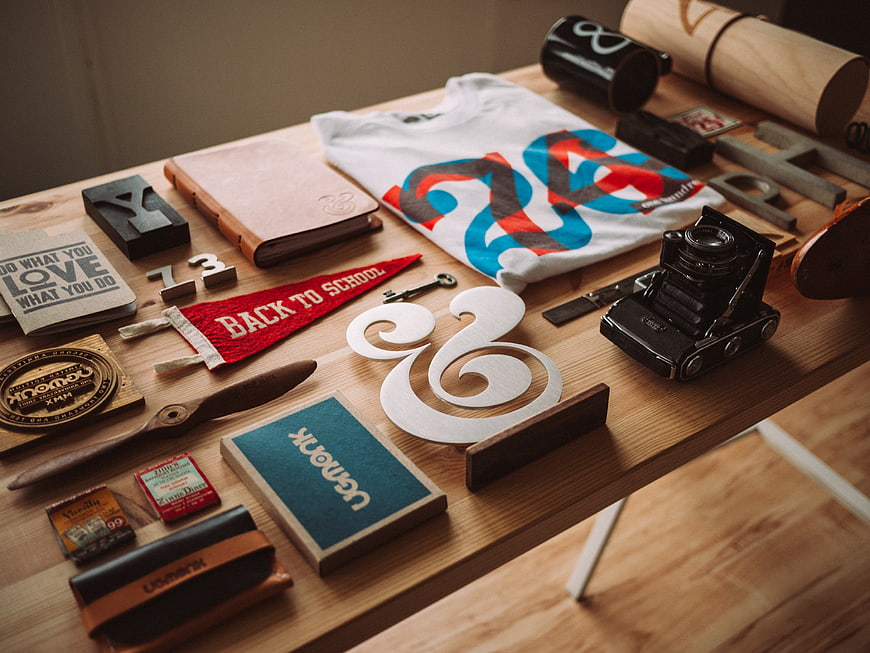Vintage flat lay of retro items on a wooden table