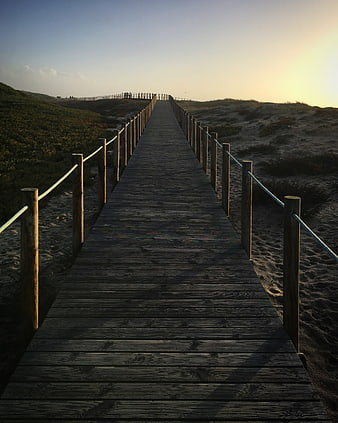 Wooden boardwalk path through sand dunes at sunset