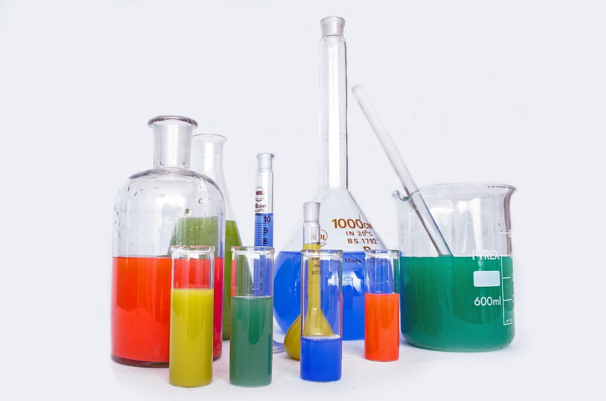 Colorful Chemical Liquids in Laboratory Glassware