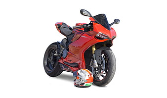 Red Ducati Sport Motorcycle With Arai Helmet On White Background