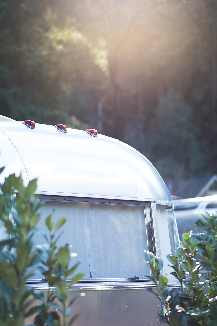 Vintage Silver Airstream Camper in Forest Sunlight