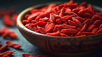 Close-up of dried goji berries in a wooden bowl