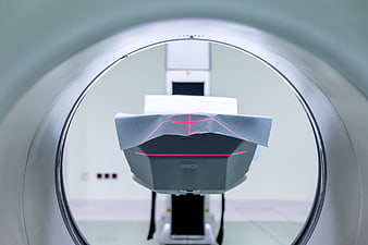 MRI Scanner Tunnel View with Red Laser Alignment Crosshairs