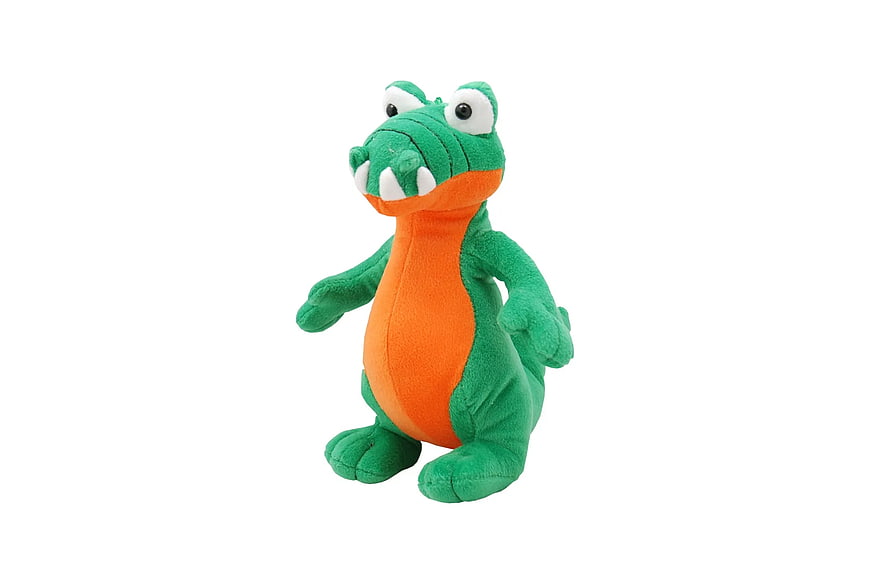 Green and Orange Dinosaur Plush Toy on White Background