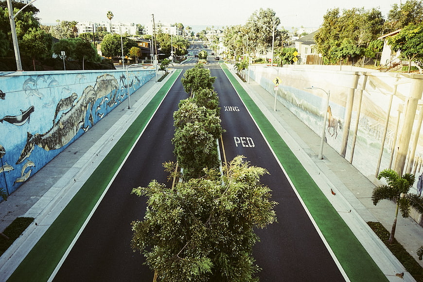 Aerial view of urban street with green bike lanes and murals
