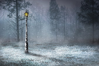 Vintage Street Lamp In Snowy Winter Forest