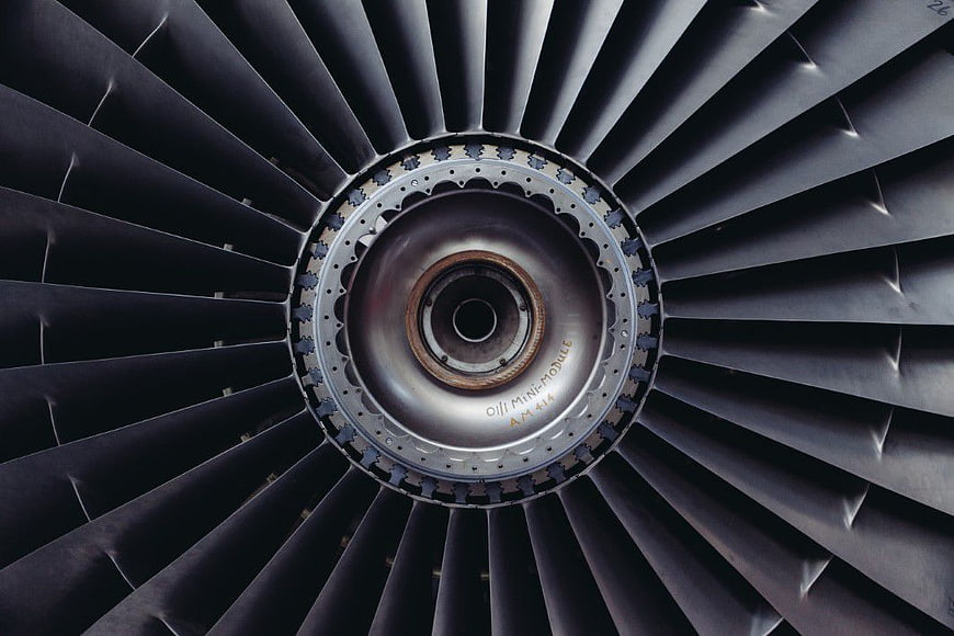Close-up of vintage airplane jet engine turbine blades