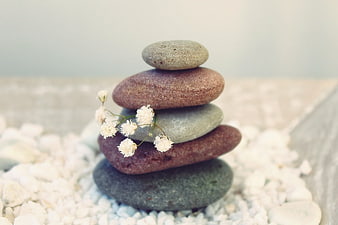 Stacked Zen Stones with Baby's Breath Flowers