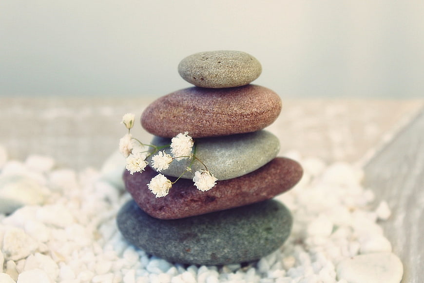 Stacked Zen Stones with Baby's Breath Flowers