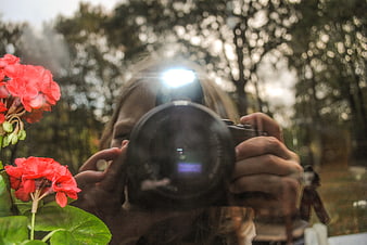 Woman taking photo of red flowers with camera flash