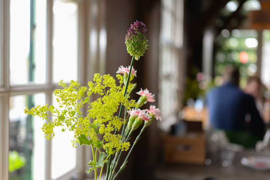 Fresh Allium and Fennel Flowers in a Rustic Cafe Setting