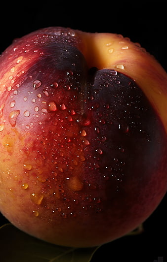 Close-up of Fresh Nectarine with Water Droplets on Black Background