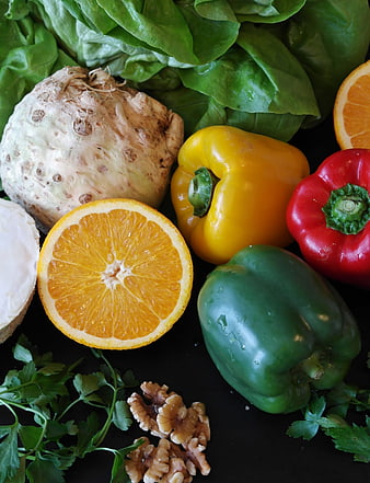Fresh Vegetables and Fruits Flat Lay on Black Background