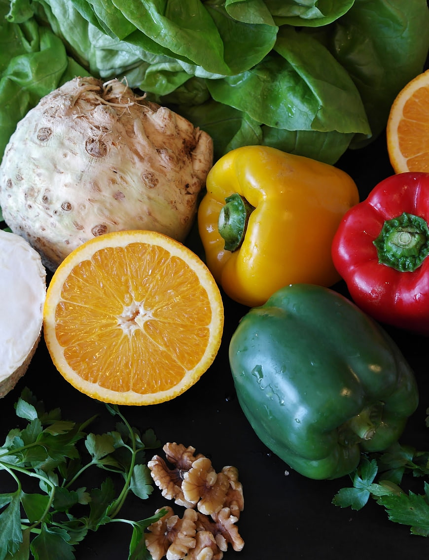 Fresh Vegetables and Fruits Flat Lay on Black Background
