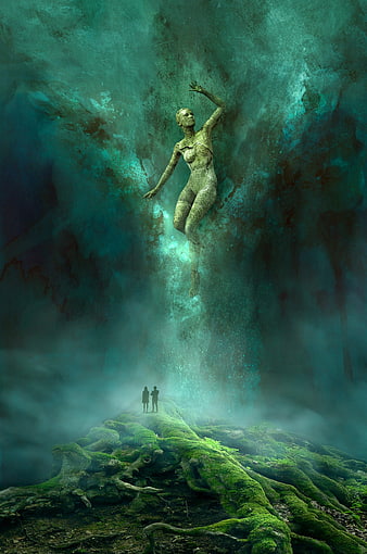 Surreal Fantasy Woman Floating Above Mossy Grotto Landscape