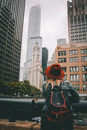 Woman in Fedora Looking at Chicago Skyline