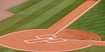 Empty baseball home plate and batter's box on a green field