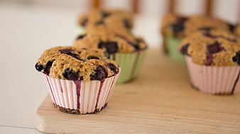Fresh Blueberry Muffins on Wooden Board