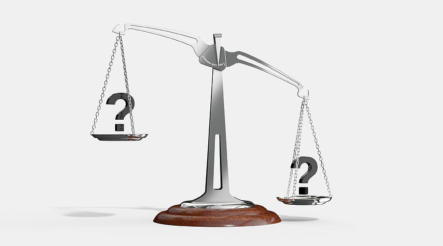 3D Scale with Question Marks Symbolizing Decision Making