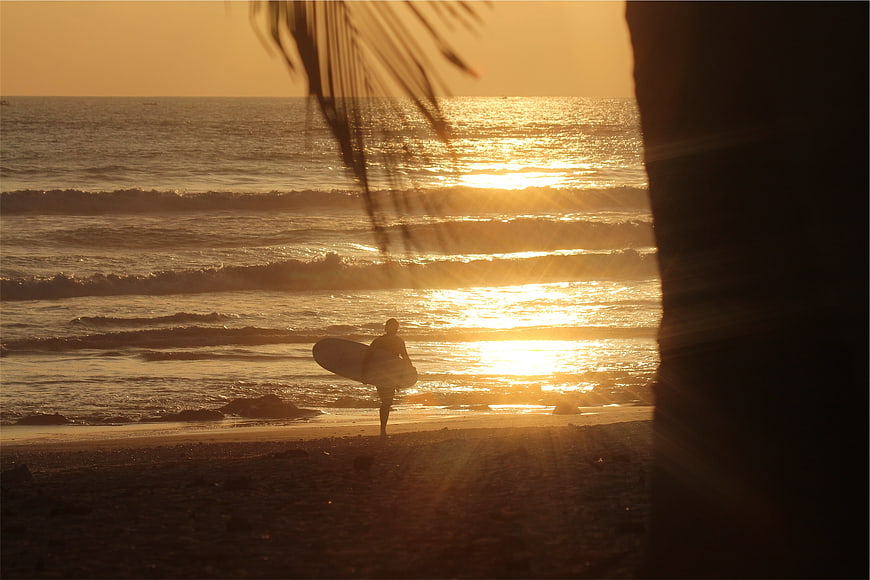 Silhouette of Surfer Walking on Beach at Golden Sunset