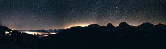 Panoramic Night Sky Over Mountain Range with Starry Sky and Lake