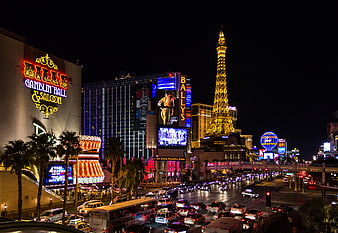 Las Vegas Strip Night Traffic with Eiffel Tower Replica