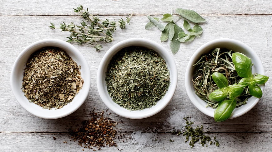 Dried and Fresh Herbs in White Bowls on Wooden Table