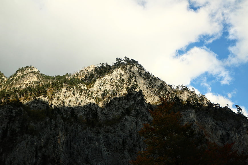Rugged Mountain Peak with Pine Trees and Blue Sky