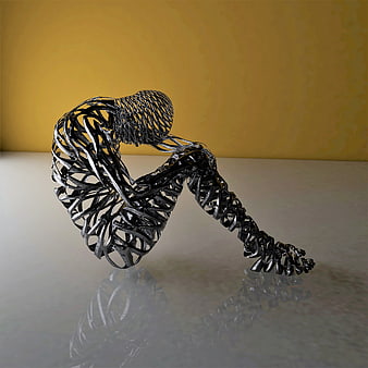 Abstract wireframe human figure sitting in contemplation