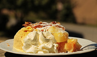 Apple Cake with Ice Cream and Whipped Cream on Plate