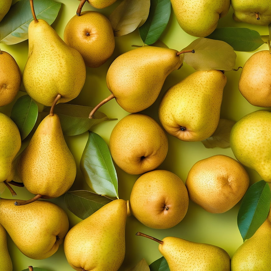 Top View of Fresh Yellow Pears with Green Leaves
