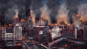 Cinematic Digital Art of a Burning City Skyline Amidst Apocalyptic Destruction
