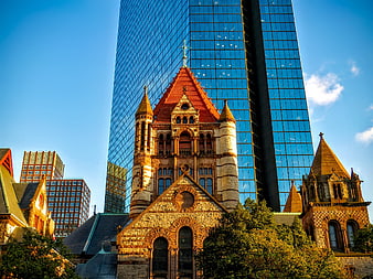 Trinity Church Boston Framed by Modern Glass Skyscraper
