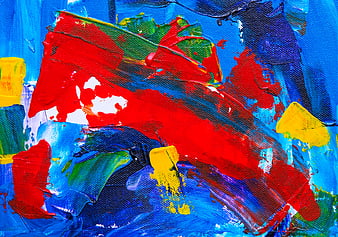 Vibrant Abstract Acrylic Painting with Bold Red and Blue Brushstrokes