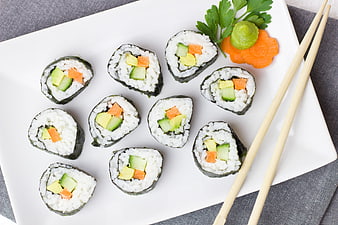 Vegetarian Sushi Rolls with Avocado and Cucumber on White Plate